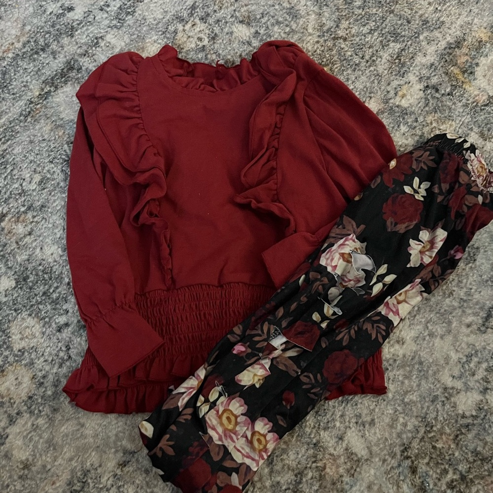 Kids Burgundy Ruffle Top and Floral Pants Set